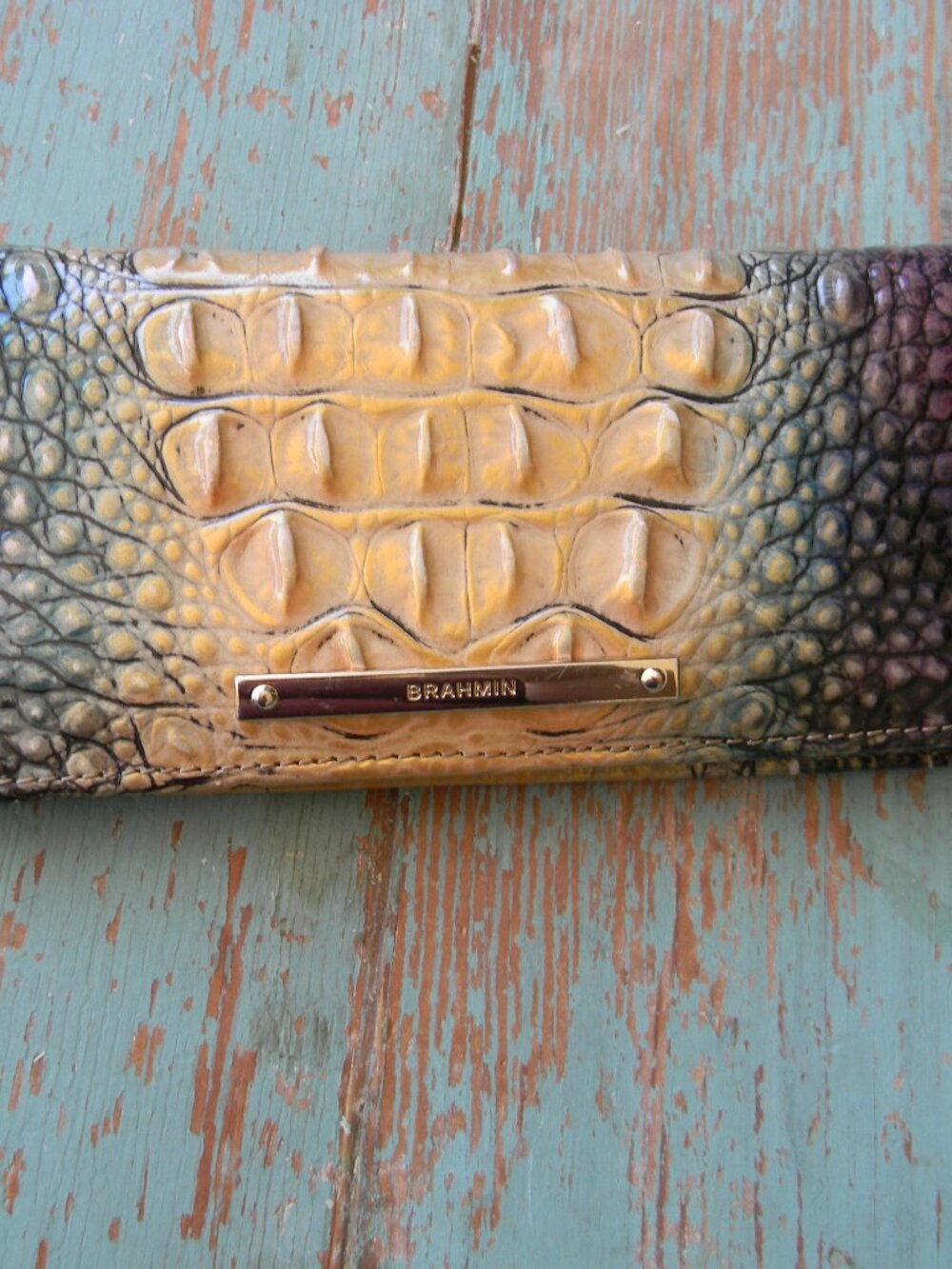 Brahmin Ady LARGE Wallet  Ombre CROC EMBOSSED LEATHER GOLD/PURPLE/GREEN